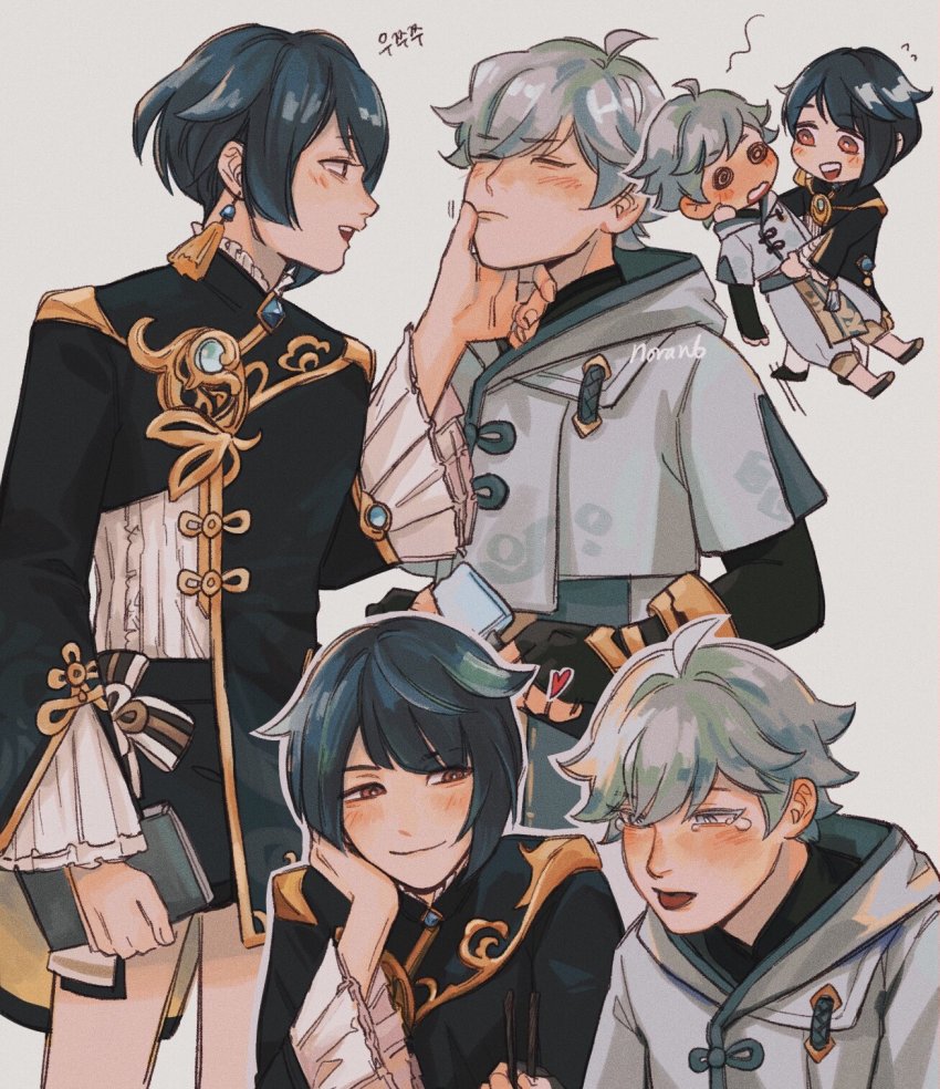 2boys, blue_eyes, blue_hair, blush, brown_eyes, chongyun_(genshin_impact), couple, dark_blue_hair, embarrassed, eyebrows, eyelashes, genshin_impact, hair_between_eyes, half-closed_eyes, highres, light_blue_hair, looking_at_another, multiple_boys, noranb, pale_skin, short_hair, simple_background, smile, tongue, tongue_out, white_background, xingqiu_(genshin_impact), yaoi