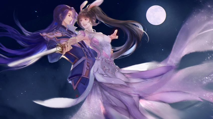 brown_hair, couple, dancing, douluo_dalu, dress, hand_on_own_hip, held, highres