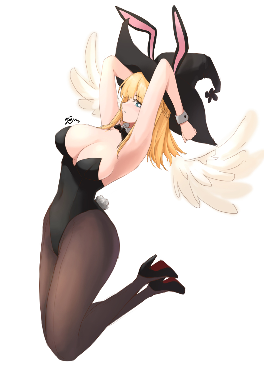 1girl, absurdres, angel_wings, animal_ears, arms_behind_head, bare_shoulders, black_leotard, blonde_hair