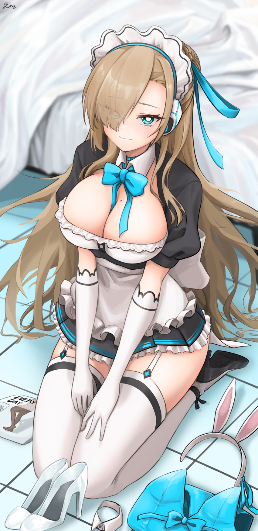 1girl, absurdres, alternate_costume, animal_ears, apron, aqua_eyes, aqua_leotard, aqua_necktie, asuna_(blue_archive), bed, bed_sheet, between_breasts, black_footwear, blonde_hair, blue_archive, blurry, blurry_background, bow, bowtie, breasts, brown_hair, cleavage, closed_mouth, detached_collar, elbow_gloves, enmaided, eyes_visible_through_hair, fake_animal_ears, floor, folded_clothes, frilled_apron, frills, frown, full_body, gloves, hair_over_one_eye, high_heels, highres, large_breasts, leotard, long_hair, maid, maid_apron, maid_headdress, mole, mole_on_breast, necktie, parted_bangs, seiza, short_sleeves, side_ponytail, sitting, solo, split_mouth, ssalu, thighhighs, white_apron, white_footwear, white_thighhighs