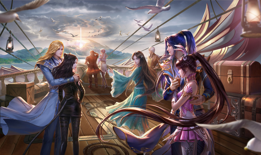 bird, cloud, couple, douluo_dalu, highres, island, light, long_hair