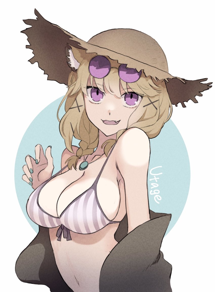 1girl, animal_ears, arknights, bikini, black_jacket, braid, breasts, brown_hair, brown_hat, character_name, cleavage, collarbone, commentary, front-tie_top, glasses, grey_bikini, hair_ornament, hat, highres, jacket, large_breasts, long_hair, looking_at_viewer, medium_hair, navel, off_shoulder, official_alternate_costume, one-hour_drawing_challenge, open_clothes, open_jacket, pince-nez, purple-tinted_eyewear, purple_eyes, simple_background, solo, straw_hat, striped_bikini, striped_clothes, swimsuit, swimsuit_cover-up, tinted_eyewear, upper_body, utage_(arknights), utage_(summer_flowers)_(arknights), vhdtyzusixc7fai, white_background, x_hair_ornament