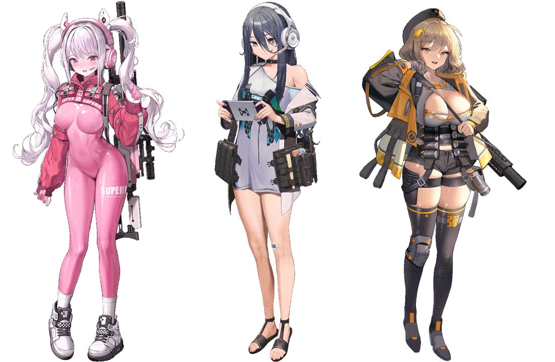 3girls, alice_(nikke), ammunition, anis_(nikke), bare_legs, bare_shoulders, belt, black_footwear