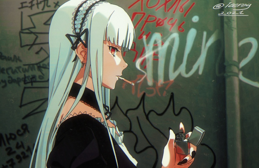 1girl, black_dress, black_nails, cigarette, cosplay, dress, earrings, gothic_lolita