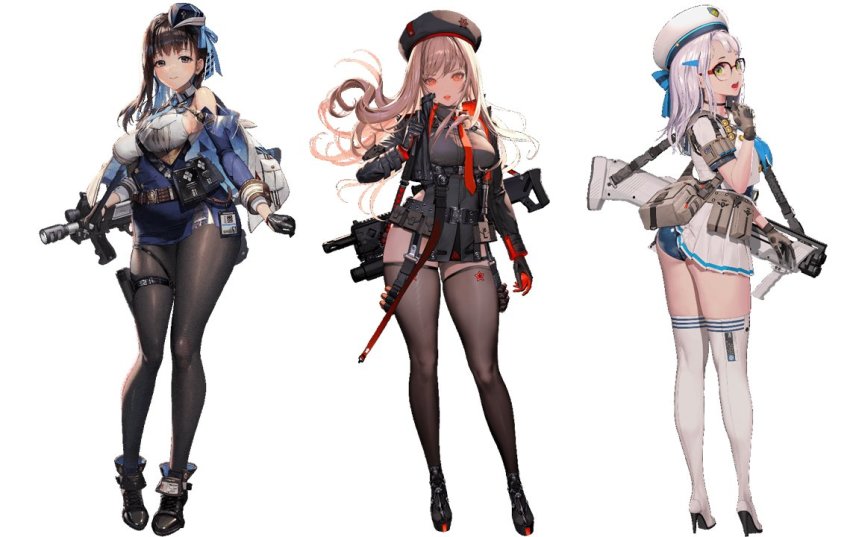 3girls, all-break, ammunition, ass, bag, bare_shoulders, belt, black_footwear