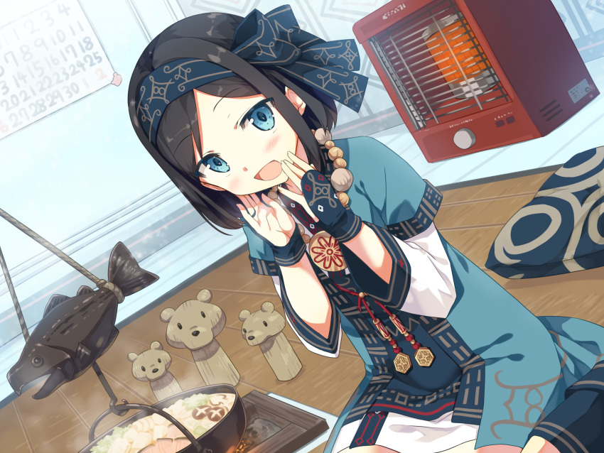 1girl, :d, ainu_clothes, ayakashi_kyoushuutan, bead_necklace, beads, black_hair, blue_eyes