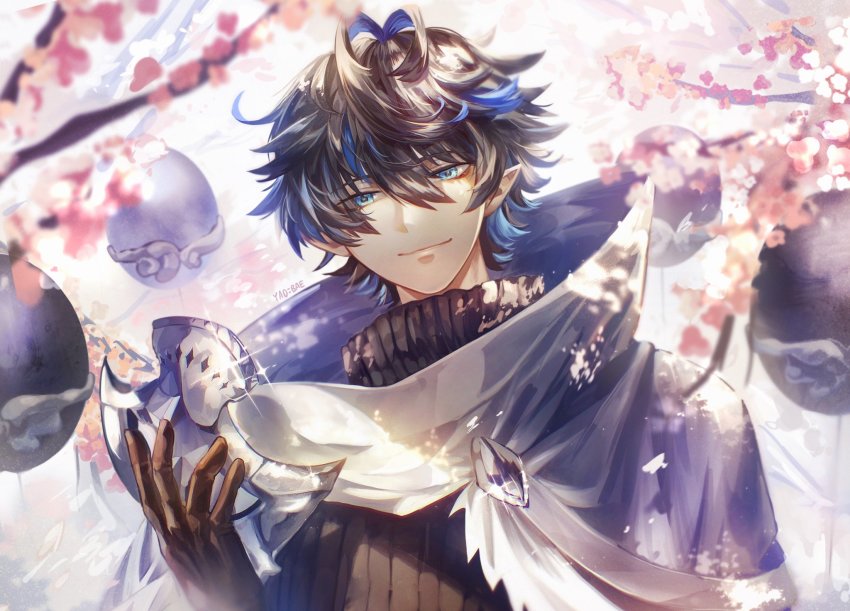 1boy, alchemy_stars, antenna_hair, artist_name, black_gloves, black_hair, black_sweater, cherry_blossoms