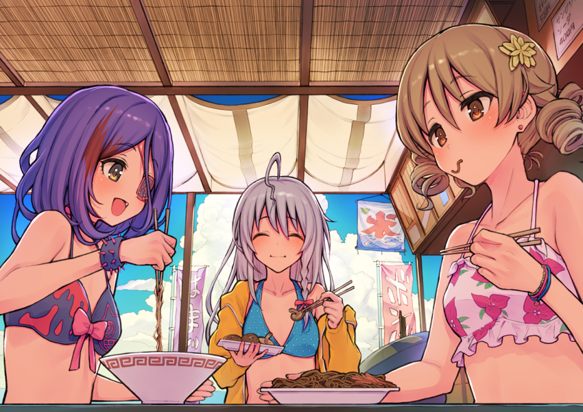 3girls, ahoge, bikini, blue_sky, chopsticks, cloud, ear_piercing, eating, hayasaka_mirei, holding, holding_chopsticks, hoshi_syoko, idolmaster, idolmaster_cinderella_girls, individuals_(idolmaster), looking_at_food, morikubo_nono, morimiya_masayuki, multicolored_hair, multiple_girls, mushroom, outdoors, piercing, print_bikini, restaurant, ringlets, sky, streaked_hair, swimsuit, yakisoba