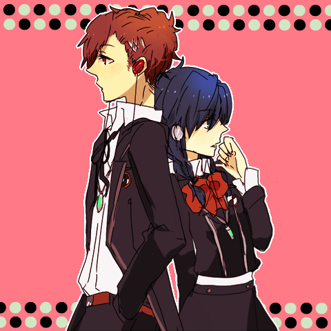 1boy, 1girl, atlus, bad_id, bad_pixiv_id, blue_eyes, blue_hair, brown_hair