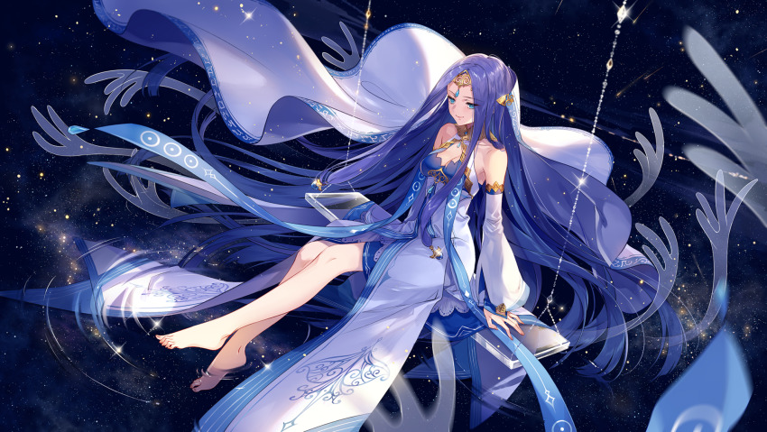 1girl, artist_request, bare_shoulders, barefoot, blue_dress, blue_eyes, blue_hair, blue_sleeves