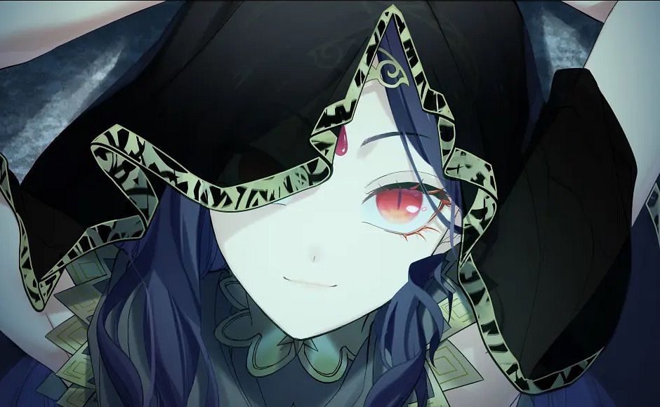 1girl, arms_behind_head, arms_up, artist_request, black_cape, blue_hair, cape, close-up