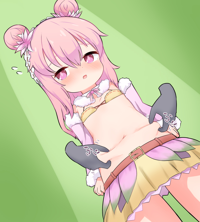 1girl, belly_grab, blush, curcuma_(flower_knight_girl), disembodied_hand, flower_knight_girl, green_background, long_hair