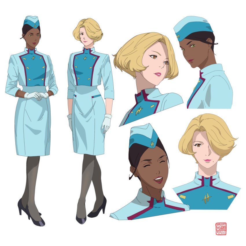 2girls, ^_^, black_footwear, black_legwear, blue_eyes, blue_jacket, blue_skirt, brown_eyes, character_request, closed_eyes, dark-skinned_female, dark_skin, flight_attendant, gundam, gundam:_hathaway's_flash, head_tilt, high_heels, highres, jacket, mace_flower, mole, mole_under_mouth, multiple_girls, multiple_views, one_eye_covered, pantyhose, parted_lips, short_hair, skirt, smile, travel_attendant, valantains, white_background