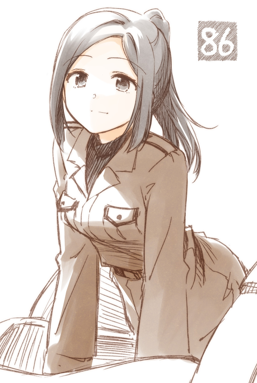 1girl, 86_-eightysix-, belt, black_eyes, black_hair, breasts, copyright_name, highres