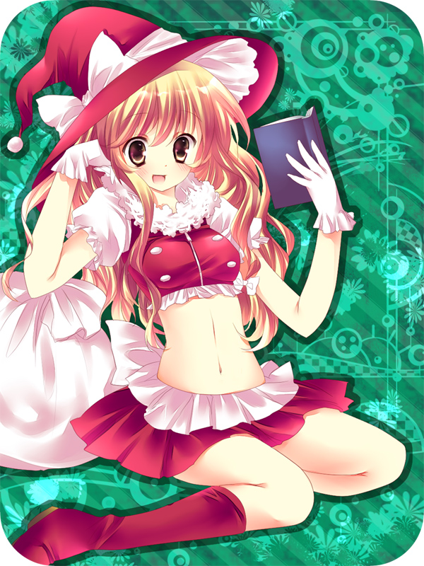 1girl, bad_id, bad_pixiv_id, blonde_hair, book, boots, brown_eyes, christmas, crop_top, female_focus, gloves, hat, kirisame_marisa, long_hair, midriff, santa_hat, skirt, solo, tepengu, touhou, white_gloves