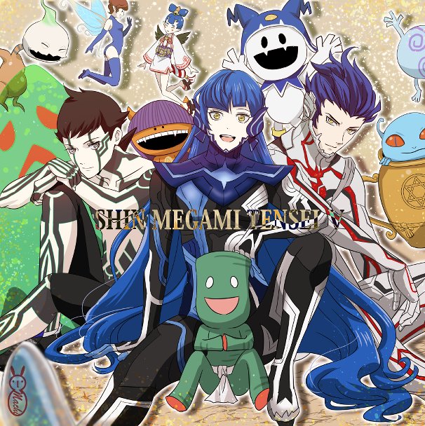 2girls, 3boys, 6+others, agathion_(megami_tensei), amanozako_(megami_tensei), androgynous, aogami_(megami_tensei), armor