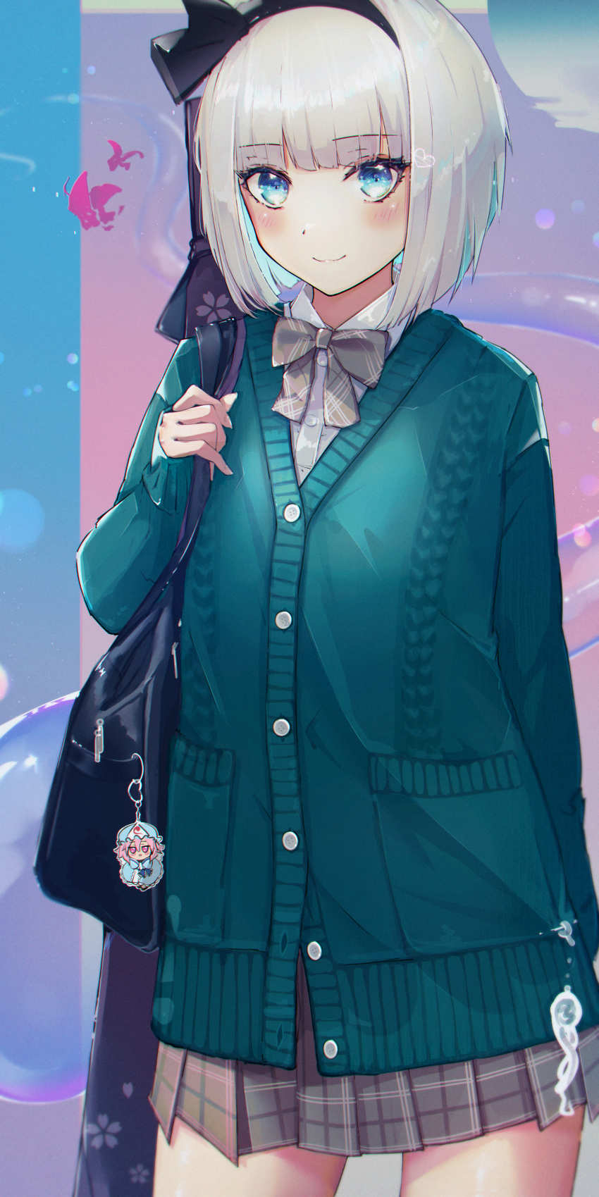 1girl, absurdres, alternate_costume, bag, black_bow, black_hairband, black_ribbon, blue_eyes