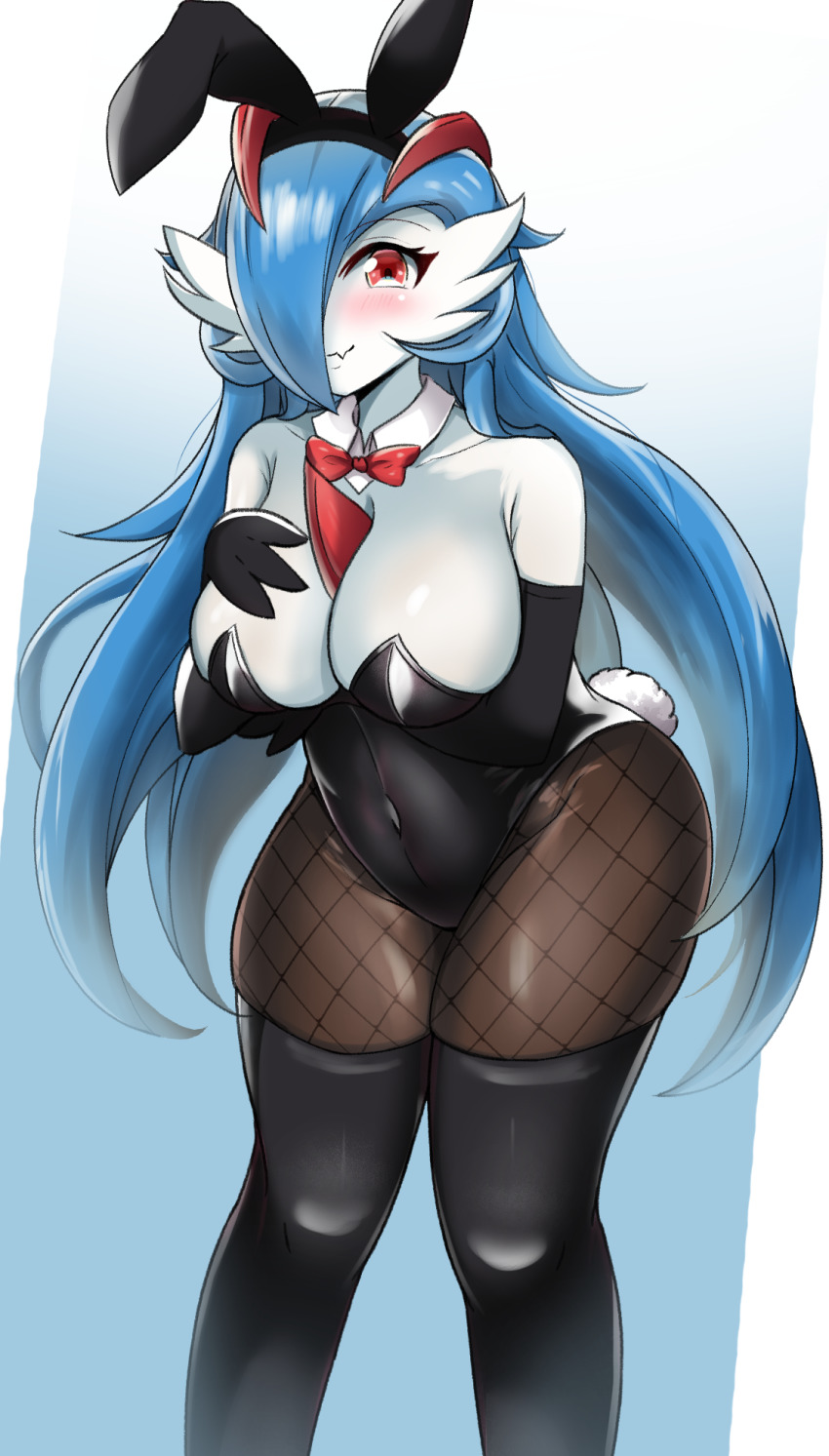 1girl, animal_ears, ass, bare_shoulders, between_breasts, black_gloves, black_pantyhose, blue_hair