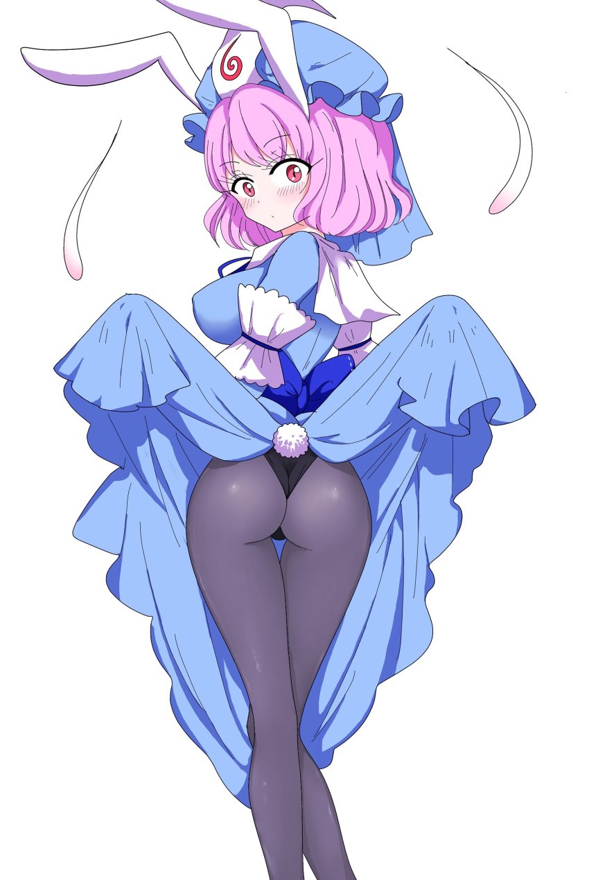 1girl, absurdres, animal_ears, ass, black_ribbon, blue_bow, blue_kimono, blue_ribbon, bow, breasts, clothes_lift, fake_animal_ears, fake_tail, feet_out_of_frame, frilled_kimono, frills, from_behind, hat, highres, hitodama, japanese_clothes, kimono, leotard, leotard_under_clothes, lifting_own_clothes, long_sleeves, looking_at_viewer, medium_breasts, mob_cap, neck_ribbon, obi, pantyhose, pink_hair, rabbit_ears, rabbit_tail, red_eyes, ribbon, saigyouji_yuyuko, sash, shiisuu_rattamu, simple_background, solo, tail, touhou, triangular_headpiece, white_background, wide_sleeves