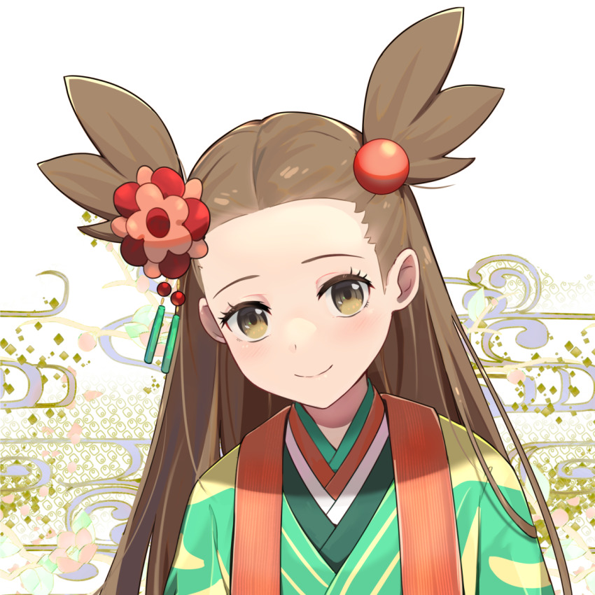 1girl, brown_eyes, brown_hair, closed_mouth, commentary, eyelashes, hair_bobbles, hair_ornament, highres, hsin, japanese_clothes, jasmine_(pokemon), jasmine_(special_costume)_(pokemon), kimono, long_hair, looking_at_viewer, nintendo, official_alternate_costume, pokemon, pokemon_masters_ex, smile, solo, two_side_up, upper_body
