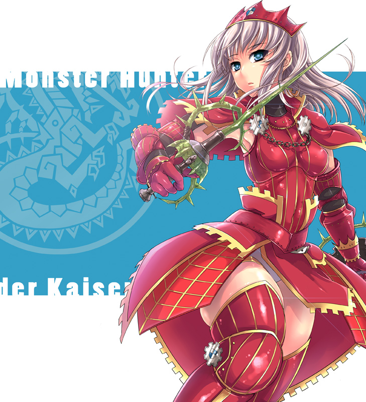 1girl, armor, armored_dress, bad_id, blue_eyes, capcom, crown, dress