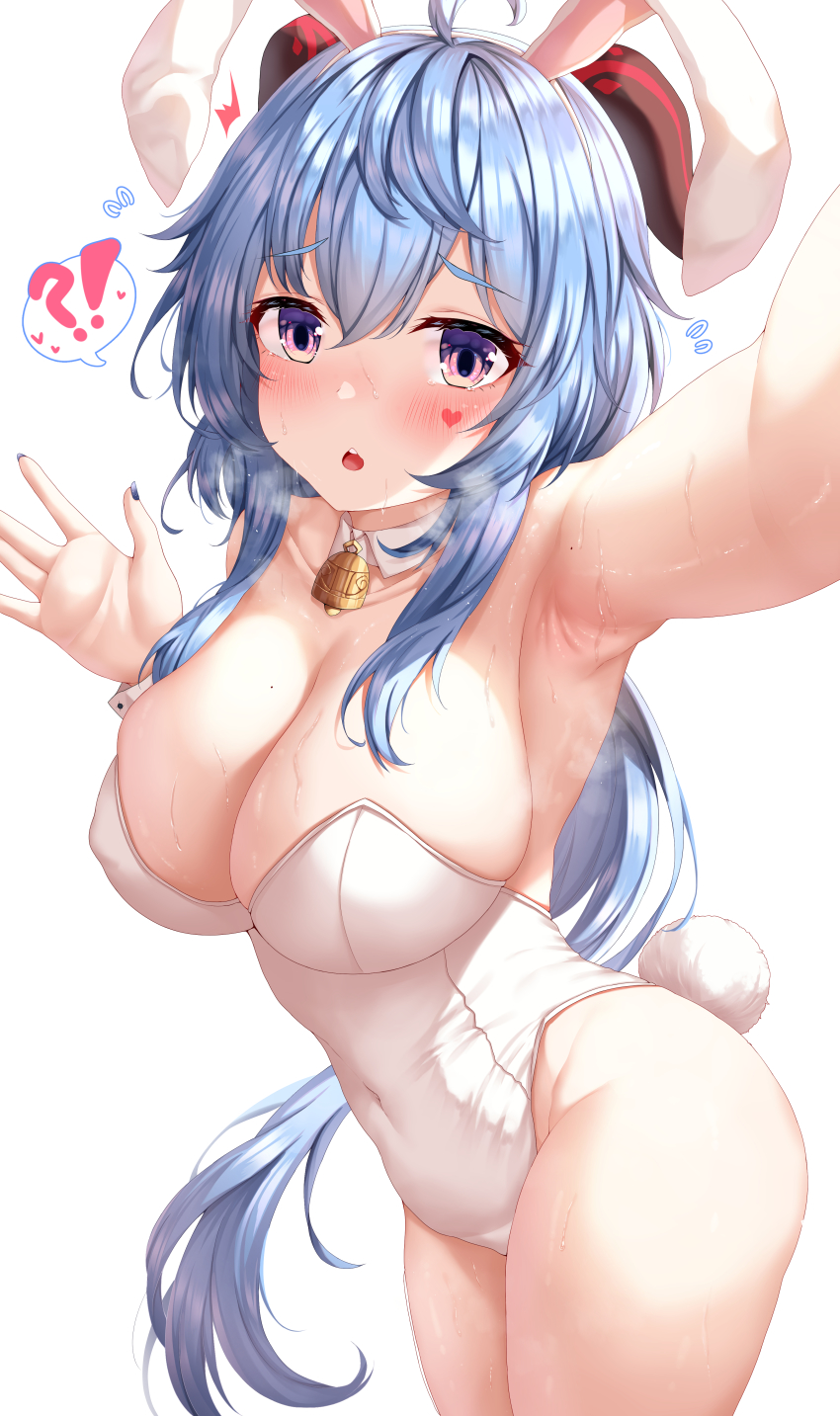 !?, 1girl, absurdres, ahoge, animal_ears, armpits, bell, blue_hair