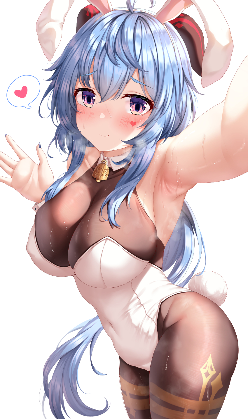 1girl, absurdres, ahoge, animal_ears, armpits, bell, blue_hair, blue_nails