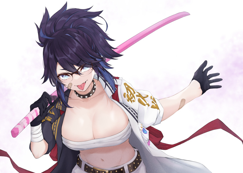 a9_(repainter), belt, black_hair, blue_eyes, breasts, cleavage, fang, glasses, gloves, highres, indie_virtual_youtuber, jacket, katana, kson, large_breasts, navel, open_clothes, open_jacket, pants, piercing, sarashi, skin_fang, sword, tongue, tongue_out, tongue_piercing, virtual_youtuber, weapon