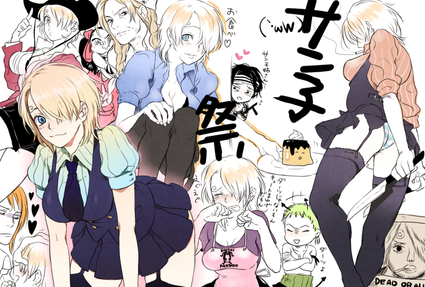 2boys, 4girls, apron, ass, bad_id, bad_pixiv_id, blonde_hair, blush, breasts, cigarette, cowboy_hat, cowboy_western, food, garter_belt, genderswap, genderswap_(ftm), genderswap_(mtf), gin_(one_piece), hair_over_one_eye, hat, knife, large_breasts, multiple_boys, multiple_girls, nami_(one_piece), one_piece, pandaman_(one_piece), panties, patty_(one_piece), pudding, red-leg_zeff, roronoa_zoro, sanji_(one_piece), smoking, striped_clothes, striped_panties, thighhighs, translated, underwear, yawa