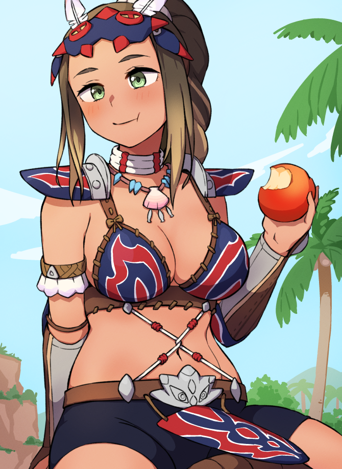 1girl, :t, apple, arm_at_side, armlet, armor, blonde_hair, bracer, braid, braided_ponytail, breasts, brown_hair, chewing, clam_shell, closed_mouth, day, eating, feathers, food, food_bite, fruit, green_eyes, hand_up, high_ponytail, holding, holding_food, holding_fruit, jewelry, kayna_(monster_hunter), kwaejina, long_braid, long_hair, looking_at_viewer, mask, mask_on_head, medium_breasts, monster_hunter_(series), monster_hunter_stories_2:_wings_of_ruin, multicolored_hair, navel, neck_ring, necklace, no_tattoo, outdoors, paid_reward_available, ponytail, shell, shell_necklace, shorts, shoulder_armor, sitting, solo, stomach, tan, tooth_necklace, two-tone_hair