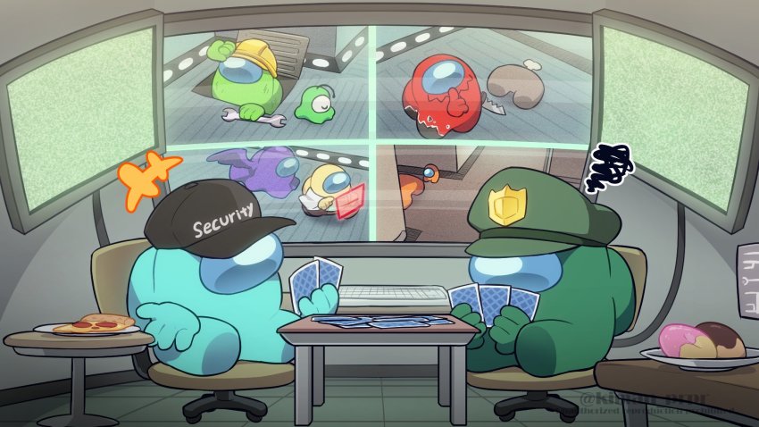 +++, 6+others, ambiguous_gender, among_us, baseball_cap, bone, card, chair