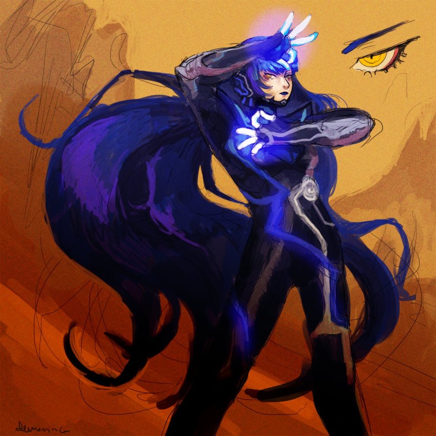 1boy, androgynous, armor, bodysuit, collarbone, demonnnrice, eyelashes, full_body, highres, long_hair, looking_at_viewer, male_focus, protagonist_(smtv), purple_hair, shin_megami_tensei, shin_megami_tensei_v, simple_background, solo, very_long_hair, yellow_eyes