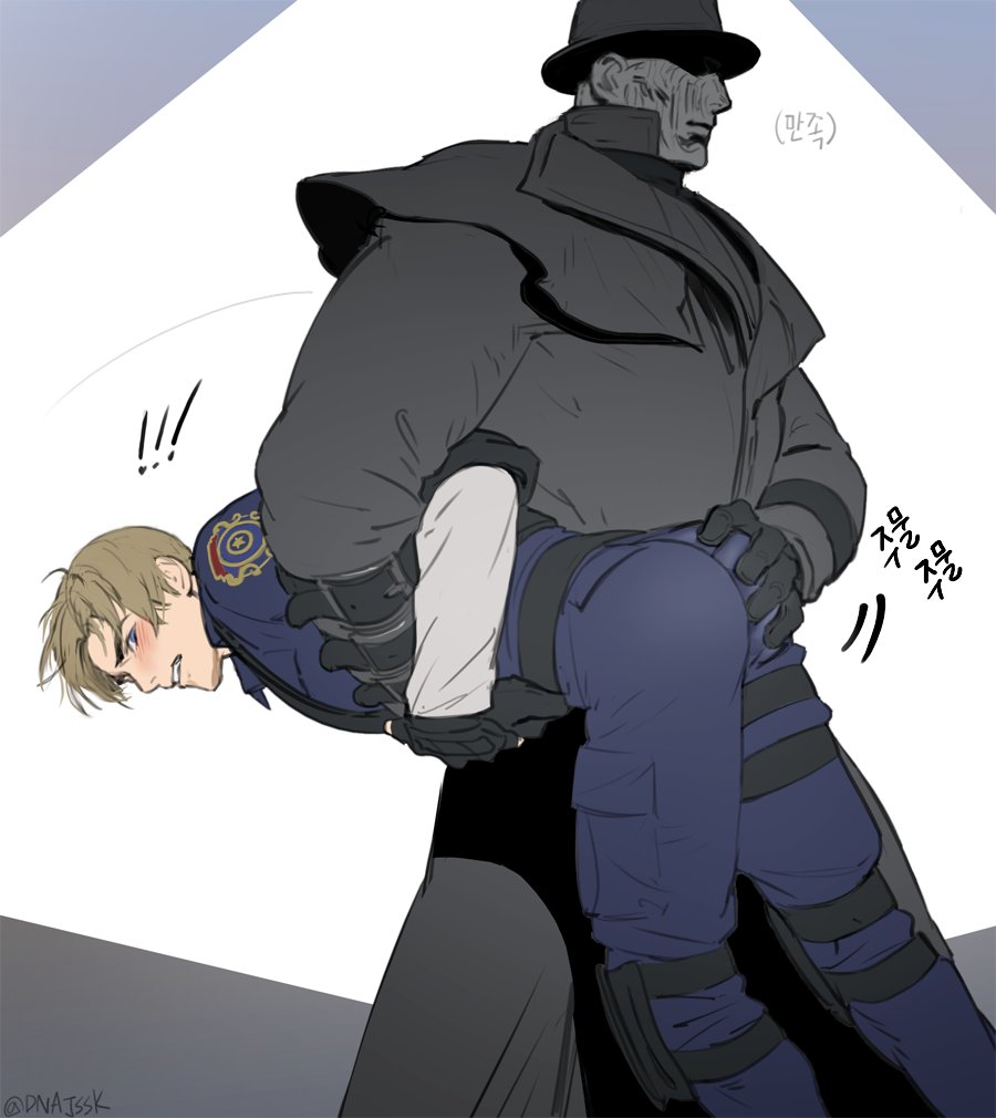 !, !!, 2boys, ass, bara, black_coat, black_gloves, blue_pants, blue_shirt, blush, brown_hair, carrying, carrying_person, clenched_teeth, closed_mouth, coat, colored_skin, dnajssk, duster_coat, faceless, faceless_male, gloves, grabbing_another's_ass, grey_skin, groping, hand_on_another's_ass, hat, leon_s._kennedy, long_coat, looking_back, male_focus, mr._x_(resident_evil), multiple_boys, muscular, muscular_male, pants, police, police_uniform, resident_evil, resident_evil_1, resident_evil_2, shirt, short_hair, teeth, translation_request, twitter_username, tyrant_(resident_evil), tyrant_t-103, yaoi