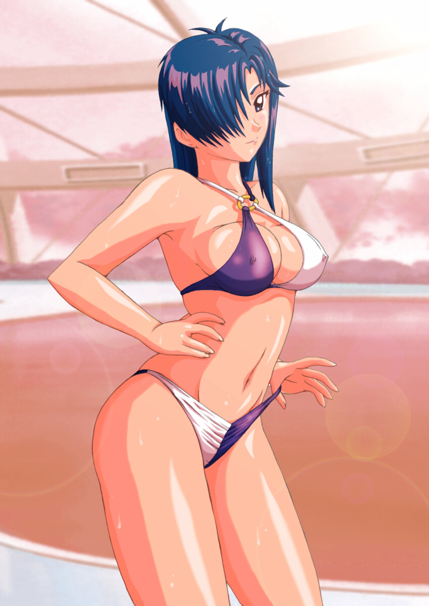 1girl, adjusting_clothes, adjusting_swimsuit, artist_request, bikini, blue_eyes, blue_hair, breasts
