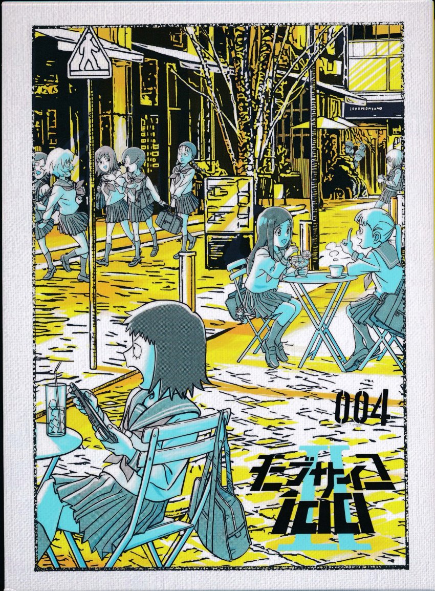 4boys, 6+girls, bag, blush, bob_cut, braid, camera, chair