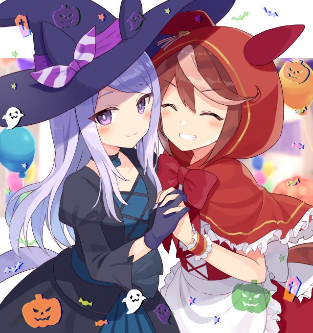 2girls, animal_ears, apron, back_bow, balloon, barufoa, black_gloves, black_headwear