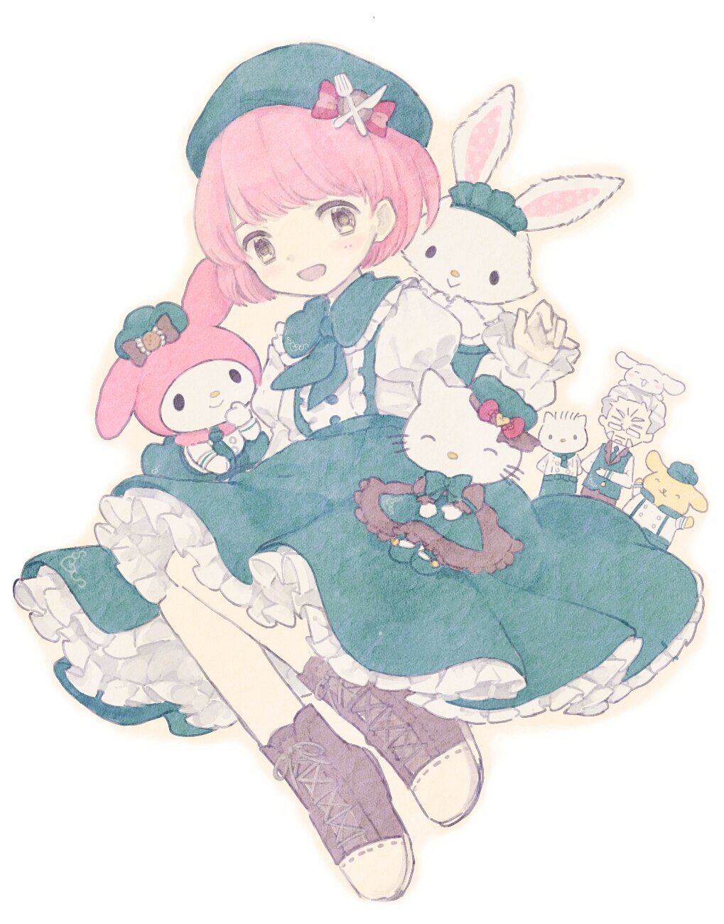 cinnamoroll, dear_daniel, dog, fuwa_fuwa_cinnamoroll, glasses, hello_kitty, hello_kitty_(character), highres