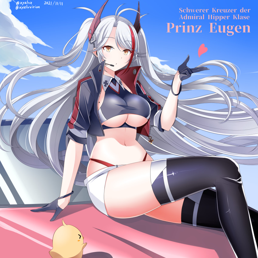 1girl, absurdres, azur_lane, black_gloves, black_thighhighs, blowing_kiss, blue_background, breasts