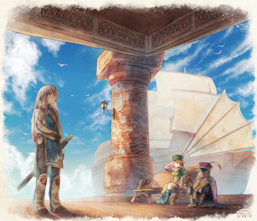 1girl, 2boys, bird, boat, breasts, brown_hair, claudia_(saga), closed_mouth