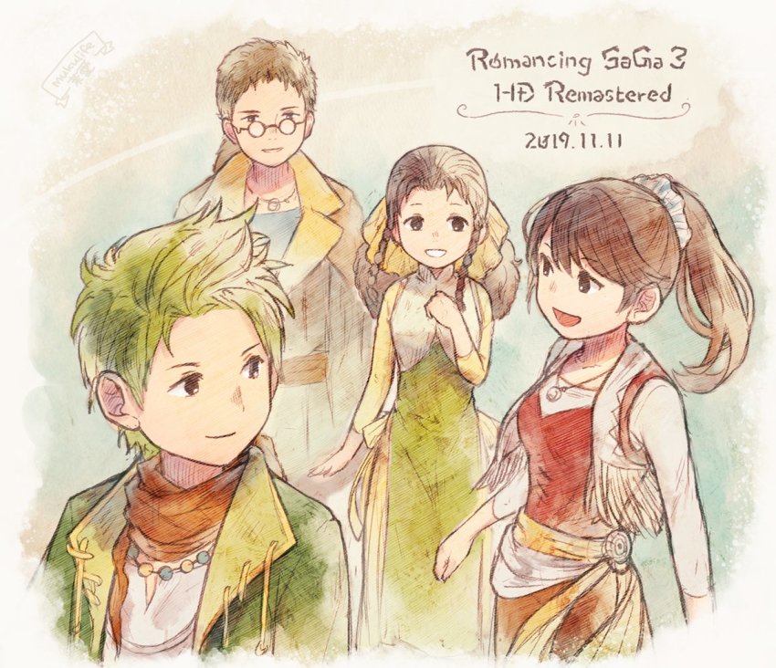 2boys, 2girls, braid, breasts, brown_eyes, brown_hair, closed_mouth, cotelier, dress, ellen_carson, glasses, jewelry, julian_nohl, long_hair, multiple_boys, multiple_girls, necklace, open_mouth, ponytail, romancing_saga_3, saga, sarah_carson, smile, thomas_bent