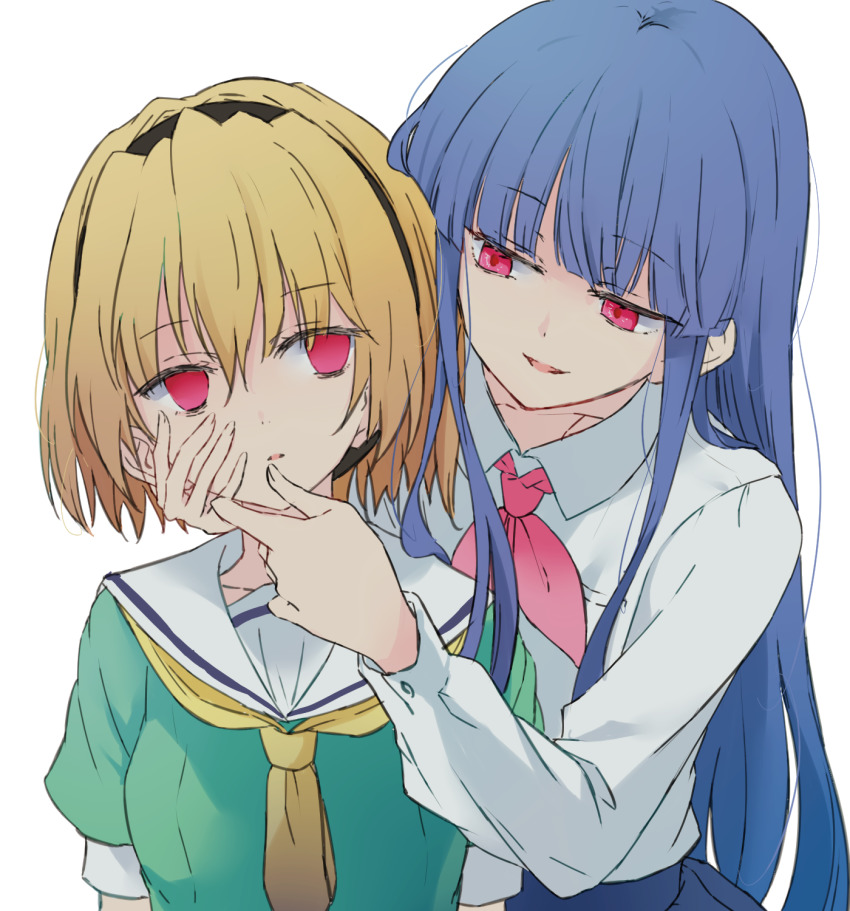 2girls, age_difference, black_hairband, blonde_hair, blue_hair, blunt_bangs, bow, collared_shirt