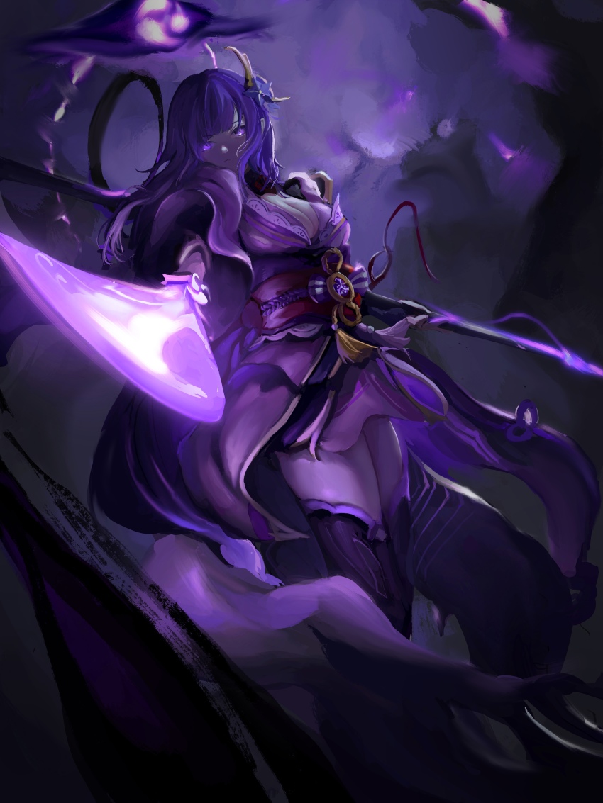 1girl, absurdres, boots, braid, breasts, cleavage, closed_mouth, dual_wielding, furioso, genshin_impact, glowing, glowing_sword, glowing_weapon, hair_ornament, highres, holding, holding_polearm, holding_sword, holding_weapon, japanese_clothes, katana, kimono, long_hair, looking_at_viewer, low-braided_long_hair, low-tied_long_hair, polearm, purple_boots, purple_eyes, purple_hair, purple_kimono, raiden_shogun, solo, spear, sword, thigh_boots, thighhighs, weapon