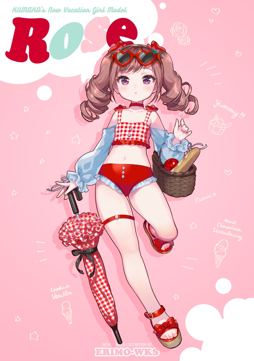 1girl, :o, apple, baguette, basket, bikini, bow, bread, brown_hair, brown_sandals, closed_umbrella, commentary_request, detached_sleeves, drill_hair, eyewear_on_head, food, frilled_bikini, frills, fruit, hair_bow, heart, heart-shaped_eyewear, highres, long_sleeves, looking_at_viewer, navel, nishimura_eri, original, parted_lips, pink_background, plaid_bikini, plaid_clothes, plaid_umbrella, puffy_long_sleeves, puffy_sleeves, purple_eyes, red-framed_eyewear, red_bikini, red_bow, sandals, sleeves_past_wrists, solo, standing, standing_on_one_leg, sunglasses, swimsuit, twin_drills, twintails, umbrella