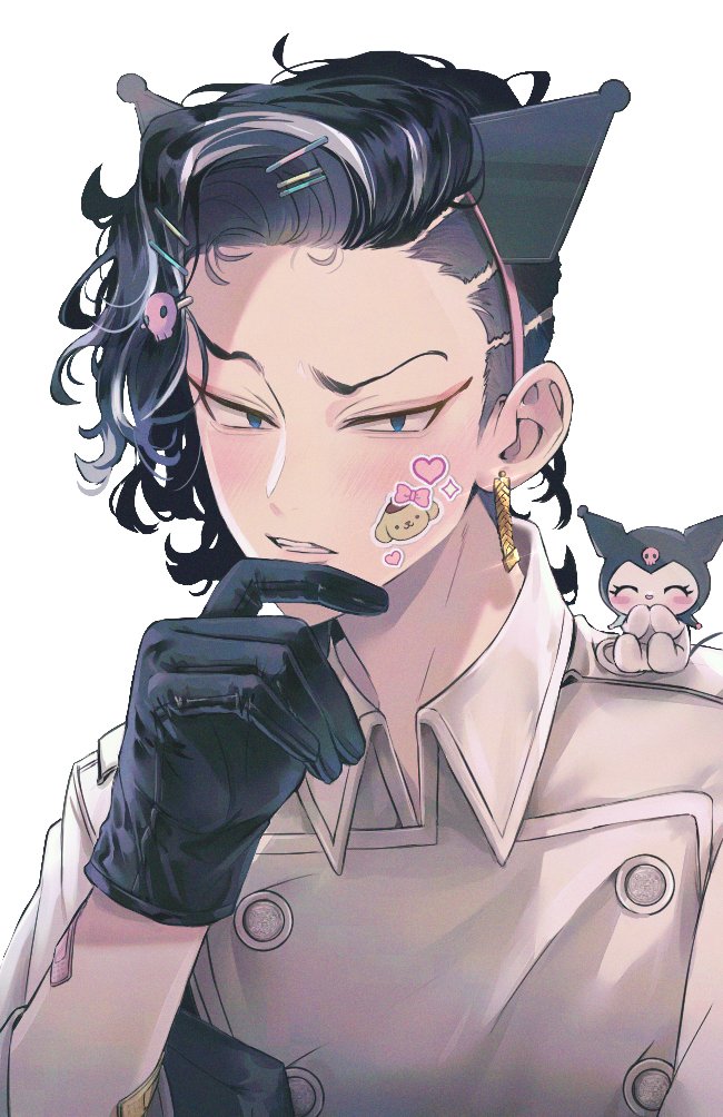 1boy, asymmetrical_hair, black_gloves, black_hair, blue_eyes, earrings, gloves, gugong_(90_un)