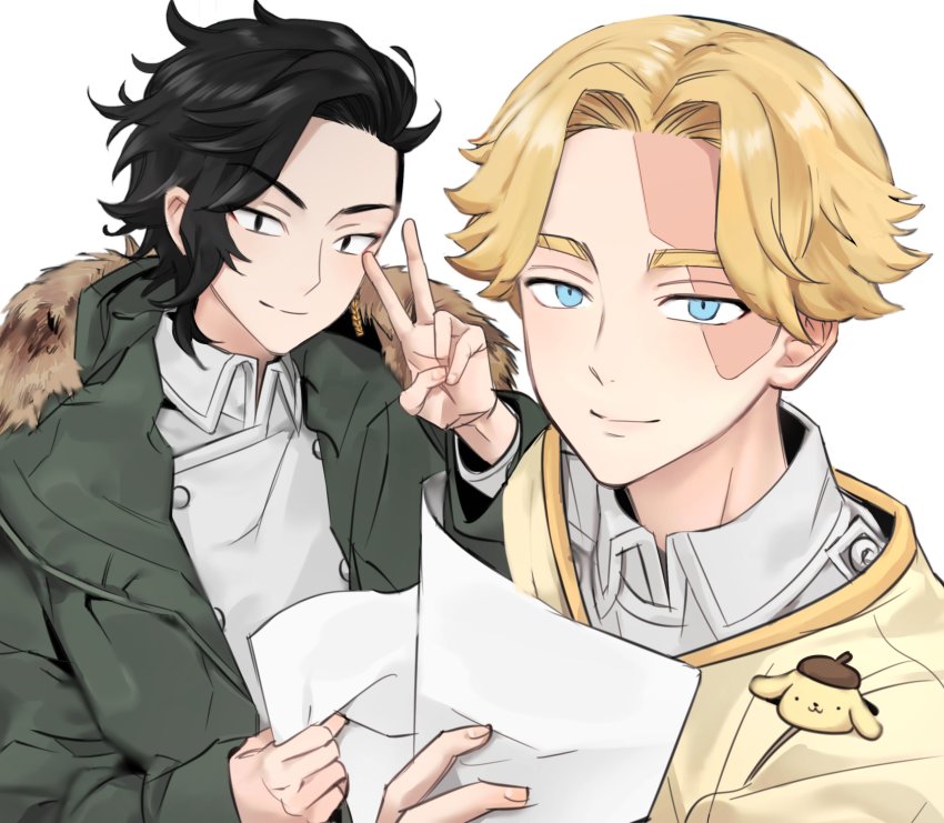 2boys, akarui_0, bad_id, bad_twitter_id, black_eyes, black_hair, blonde_hair, blue_eyes