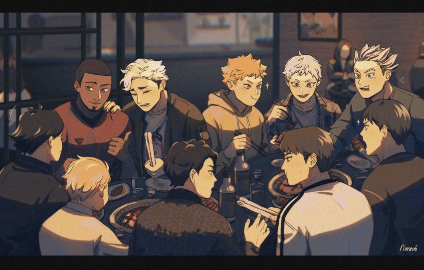 6+boys, artist_name, black_hair, blonde_hair, blush, bokuto_koutarou, brown_eyes, brown_hair