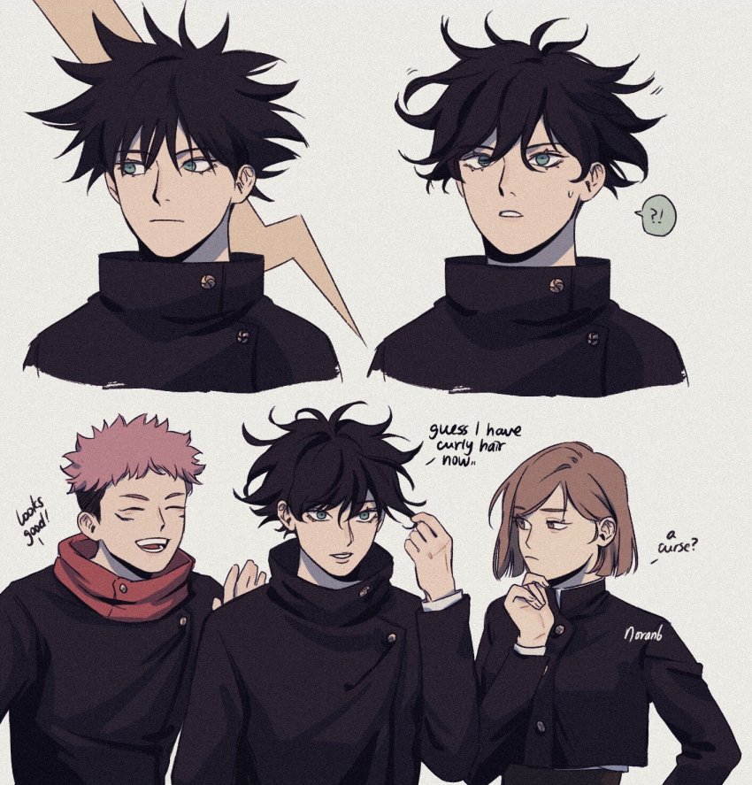 !?, 1girl, 2boys, artist_name, black_hair, bob_cut, brown_eyes, brown_hair