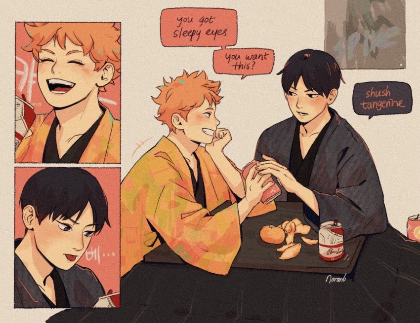 2boys, alcohol, black_eyes, black_legwear, can, drink_can, english_text, food