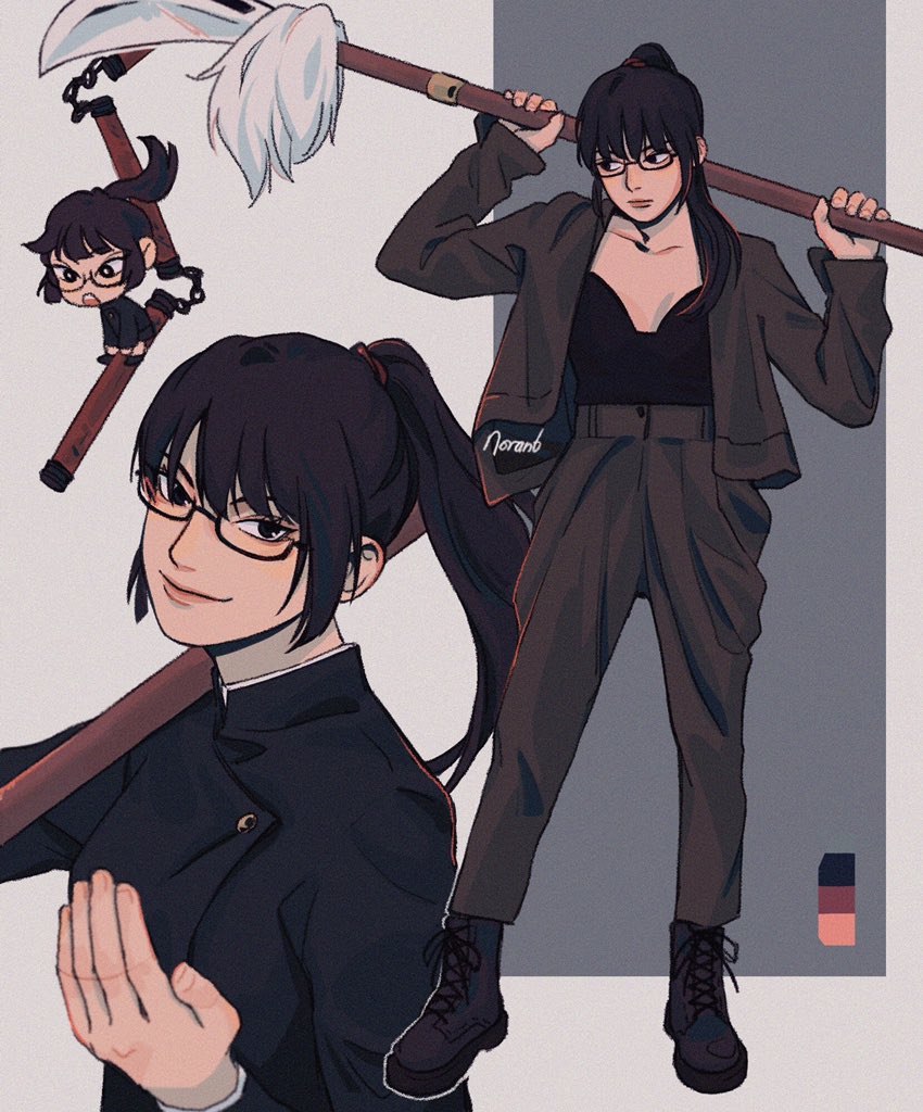 1girl, black_eyes, black_hair, blunt_bangs, chibi, eyebrows, eyelashes, glasses