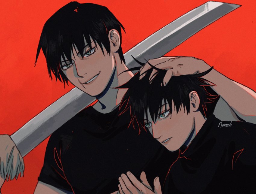 2boys, black_hair, father_and_child, father_and_son, fushiguro_megumi, fushiguro_toji, green_eyes, highres